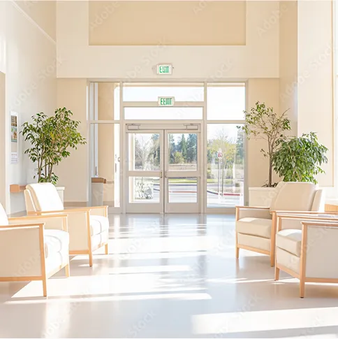 明るく清潔な施設のロビー